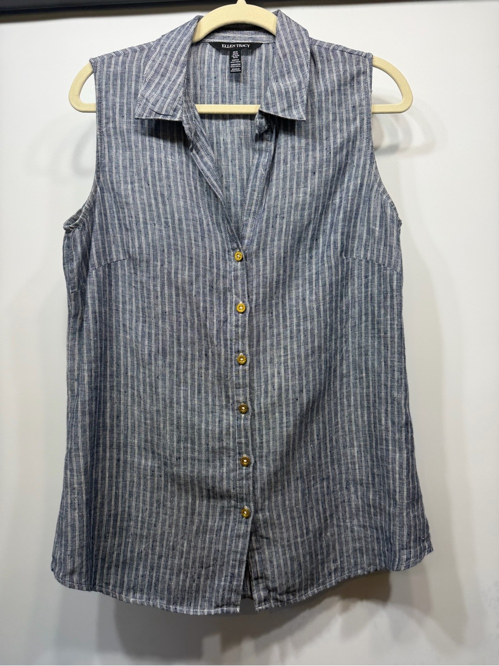 Ellen Tracy 100% Linen Sleeveless Button Front Top Medium Blue Stripe - Picture 2 of 12